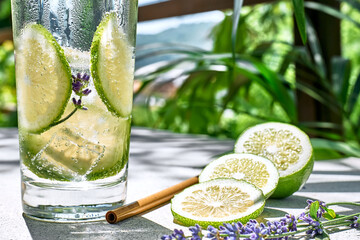 Cool lavender lemonade with lime slices and lavender flower on the table in tropical garden with...