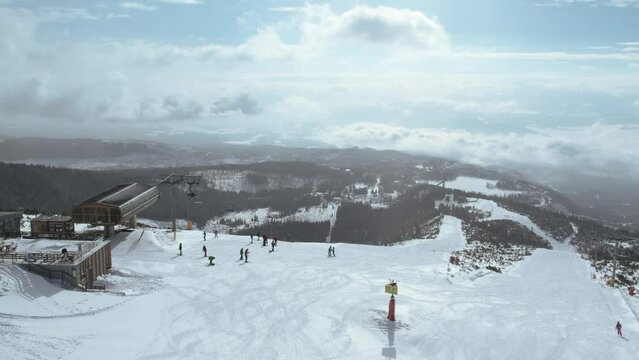 Aerial view of ski resort, high tatra mountain, Slovakia, forward, day
