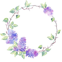 Lilac wreath. Watercolor illustration. Hand-painted