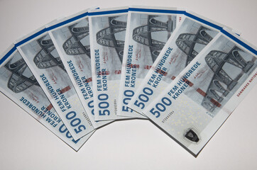 Money of Denmark. Danish kroner bills. DKK banknotes. 500 kroner. Business, finance, news background. High quality photo