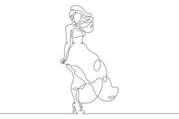 One continuous line.Girl in a beautiful dress. Woman in a long dress. Evening party dress. Portrait of a young woman in a dress.One continuous line is drawn on a white background.