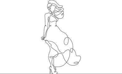 One continuous line.Girl in a beautiful dress. Woman in a long dress. Evening party dress. Portrait of a young woman in a dress.One continuous line is drawn on a white background.