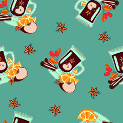 Pattern with mulled wine. Autumn pattern. High quality vector illustration.