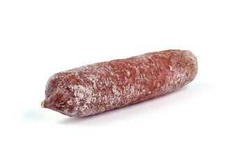 Italian salami with mold, isolated on white background.