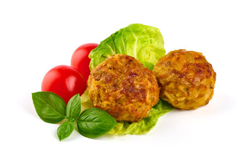 Baked meatballs, isolated on white background.