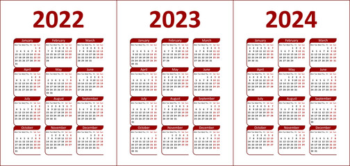 Calendar 2022, 2023, 2024. Week starts on Monday.