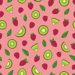 Seamless vector pattern of kiwi and raspberries. Decoration print for wrapping, wallpaper, fabric, textile.