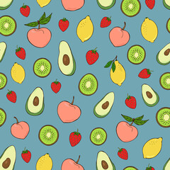 Seamless vector pattern of fruits and berries. Decoration print for wrapping, wallpaper, fabric, textile.	