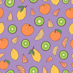 Seamless vector pattern of fruits and berries. Decoration print for wrapping, wallpaper, fabric, textile. Oranges, lemons, kiwi fruits.		