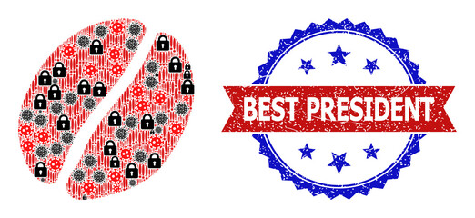 Vector virus mosaic cacao bean icon, and bicolor unclean Best President seal stamp. Mosaic cacao bean icon is created with infection, lock, danger icons.