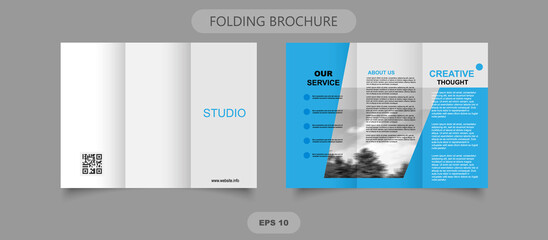 Template design of blue trifold brochure with polygons. Editable and light vector with places for photos. Proportionally A4