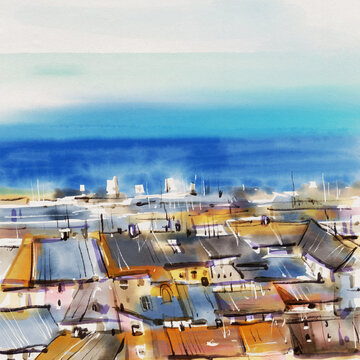 A town on the seashore. Watercolor illustration.