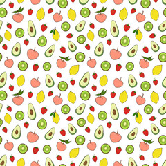 Seamless vector pattern of fruits and berries. Decoration print for wrapping, wallpaper, fabric, textile. 