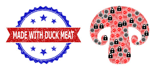 Fototapeta premium Vector covid virus mosaic champignon icon, and bicolor dirty Made with Duck Meat watermark. Mosaic champignon icon is constructed with covid virus, lock, danger icons.
