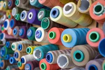 Set of sewing threads in different colors .  Selective  focus