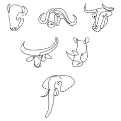 Bull, buffalo, rhinoceros and elephant continuous line set. One line animal logo collection