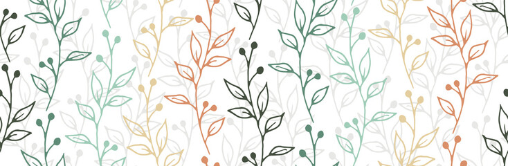 Fototapeta na wymiar Berry bush sprigs organic vector seamless pattern. Creative floral graphic design. Grass plants foliage and blossom wallpaper. Berry bush twigs flat seamless ornament