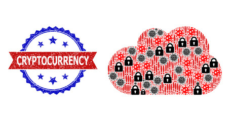 Vector covid-2019 mosaic cloud icon, and bicolor rubber Cryptocurrency seal stamp. Mosaic cloud icon is created with bacillus, lock, warning items.