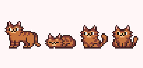 Cat in different poses pixel art set. Cute sitting, standing, sleeping kitty collection. 8 bit sprite. Game development, mobile app.  Isolated vector illustration. © SickleMoon