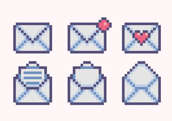 Postal envelope pixel art set. Mail wrapping, invitation card collection. Open and closed letter. 8 bit sprite. Game development, mobile app.  Isolated vector illustration.