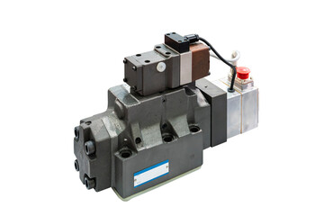 hydraulic electric solenoid valve for control flow or direction fluid hydraulic oil into hydraulic cylinder or motor isolated with clipping path - obrazy, fototapety, plakaty