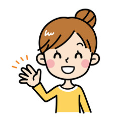 手を振る若い女性のイラスト　主婦　お母さん　素材　かわいい