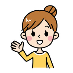 説明する若い女性のイラスト　主婦　お母さん　素材　かわいい　こちら