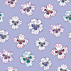 Seamless vector pattern of violets flowers. Background for greeting card, website, printing on fabric, gift wrap, postcard and wallpapers. Pansy flowers.