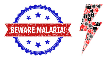 Vector coronavirus collage electric spark icon, and bicolor grunge Beware Malaria! seal stamp. Mosaic electric spark icon constructed with flu virus, lock, danger icons.
