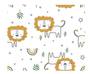 Cute lion Illustration with rainbow in wild life