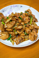 A delicious Chinese home-style dish, fried chicken thighs in Beijing green onion sauce