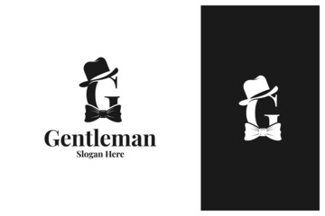 letter g gentleman logo design with fancy hat and bow tie
