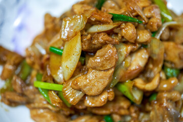 A delicious Chinese home-style dish, fried chicken thighs in Beijing green onion sauce