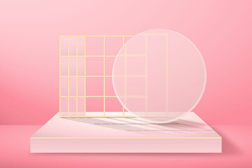 Background with rectangle podium, minimal wall scene, pink pastel color. Gold lattice, matte blurry glass. Stage for awards, products, ads on website.