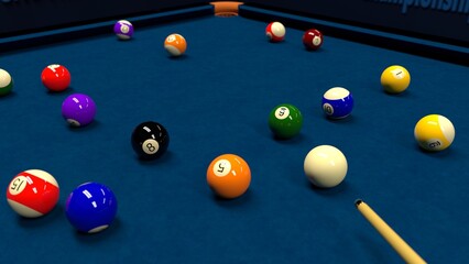 Billiard balls on a blue pool table. American billiards. 3D rendering.