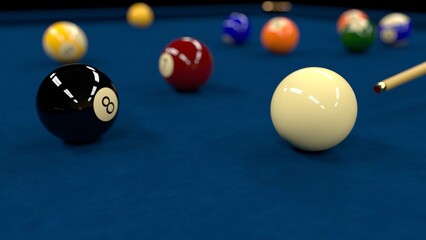 Billiard balls on a blue pool table. American billiards. 3D rendering.