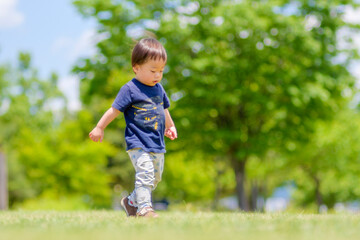 広い公園で日本人の男の子が遊んでいる