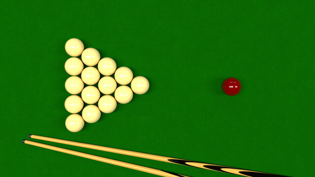 Billiard balls on the green table. Russian pyramid. Green cloth. 3D render.