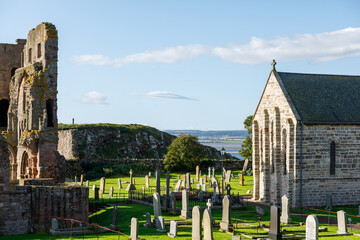 Lindisfarne/England: 10th Sept 2019: Holy Island Lindisfarne Priory ruins