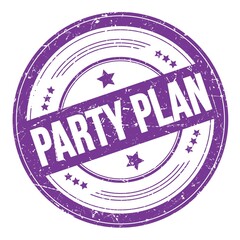 PARTY PLAN text on violet indigo round grungy stamp.