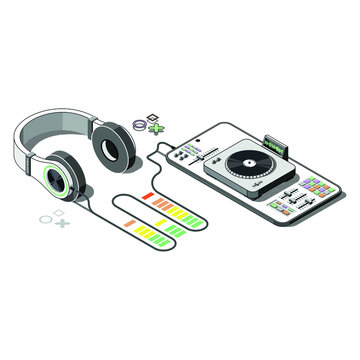 headphones and phone concept online music and podcasting, isometric isolated on white background. Vector illustration.