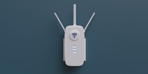 Wireless repeater WiFi extender isolated on blue wall. Internet booster, white, close up. 3d render