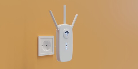 Wireless repeater WiFi extender isolated on yellow wall. Internet booster, close up. 3d render