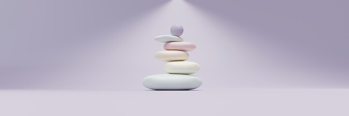 Zen Balance stone, pebble stack pastel color, Spa wellness, yoga meditation. copy space. 3d render