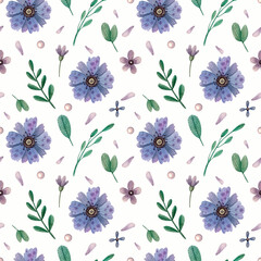 Seamless pattern with blue flowers and leaves on a white background. Watercolor illustration. Print on fabric and paper. Plants. Nature. Background. Summer. Ornament. Blossom. Composition. Design Art.