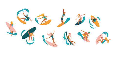 Silhouettes of surfers. Flat illustration. Vector.