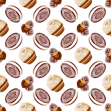 Сhocolates and sweet biscuit. brown and white decorative pattern. Sweetness. Seamless pattern, vector.