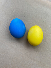 Two eggs painted in the colors of the Ukrainian flag for the Orthodox holiday Easter. Decoration for the festive table in traditional Ukrainian colors. Patriot colors. Close front view. Blue, yellow.