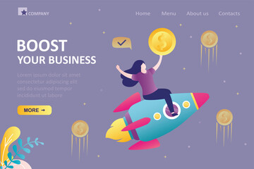 Businesswoman flying astride rocket with gold coin. Entrepreneur increased productivity with innovative technology