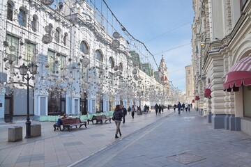 Moscow, Russia - September 29, 2021: View of Nikolskaya Street on an autumn day 